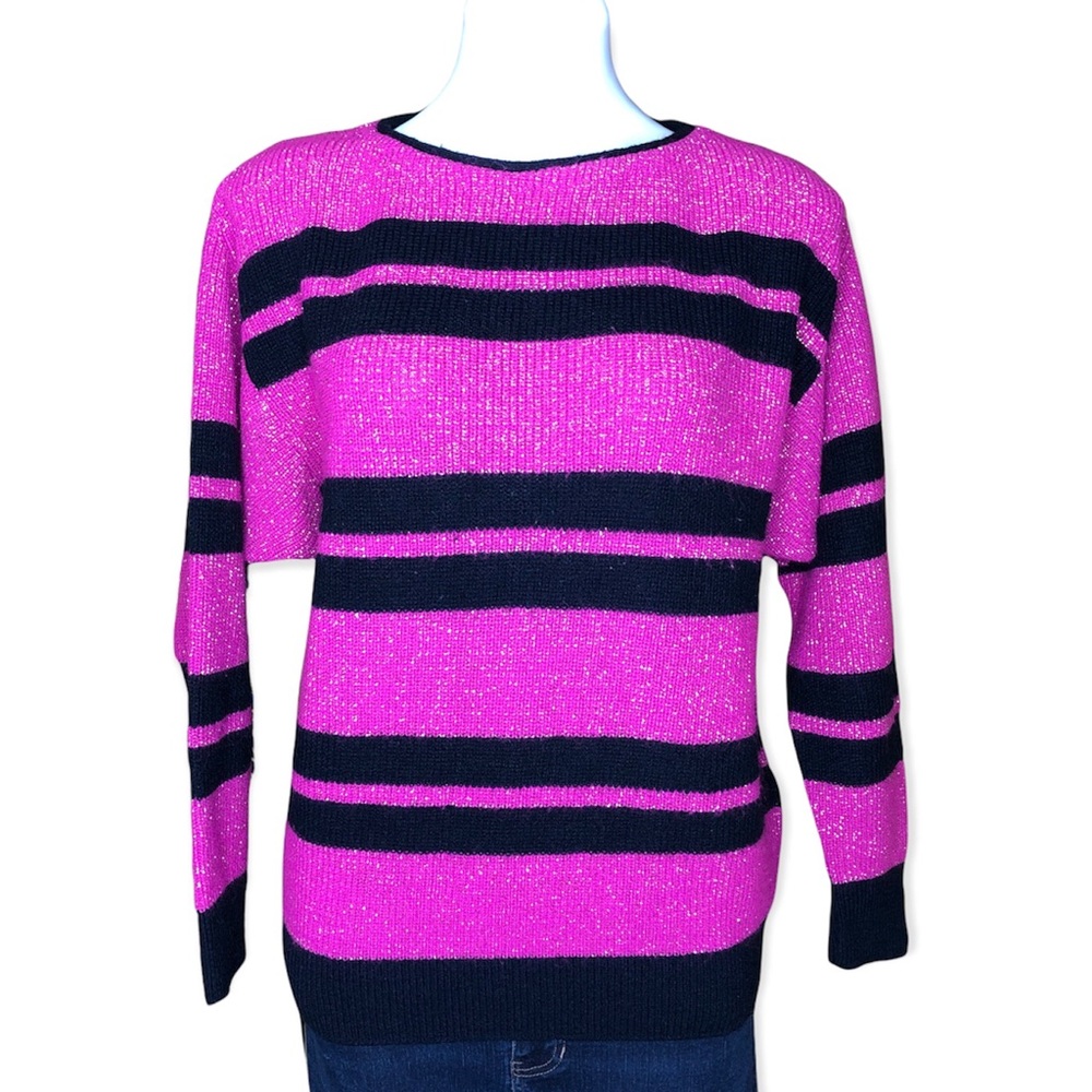 MADEMOISELLE Vintage Striped Sparkly Sweater Pink Black Size Medium
